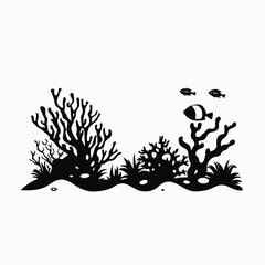 Naklejka premium Graphic monochrome undersea world showcasing various tropical fish and coral reef silhouette