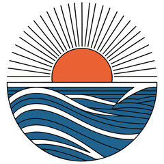 Minimalist Sunset and Ocean Waves Vector Illustration – Retro Summer Beach Design