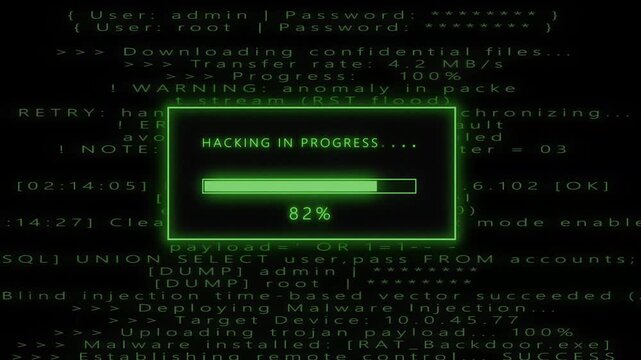 Blue glowing hacking in progress loading bar animation with digital binary code and cyber programming background futuristic security interface screen