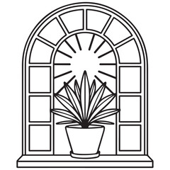 Potted Plant in Window with Sunlight Line Art