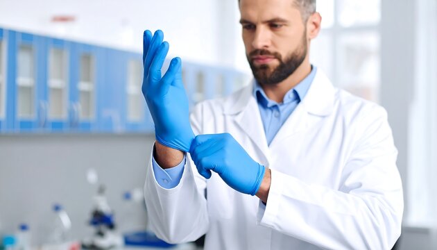 Scientist putting on blue gloves in lab (1)