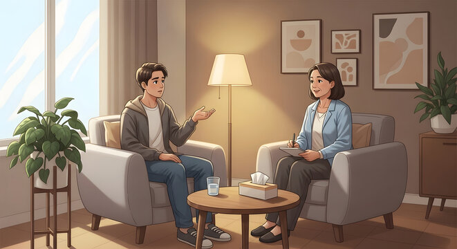 A thoughtful therapy session portraying a young man seeking support and guidance, crucial for his journey towards improved Mental Health and Wellness