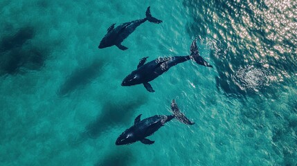 Fototapeta premium Drone perspective of a whale pod in deep blue ocean