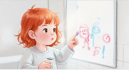 Young girl drawing on mirror with colorful markers in bathroom  