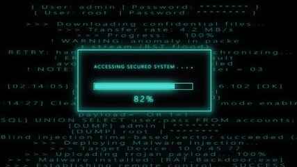 Blue glowing accessing secured system loading bar animation with digital binary code and cyber programming background futuristic security interface screen - Powered by Adobe