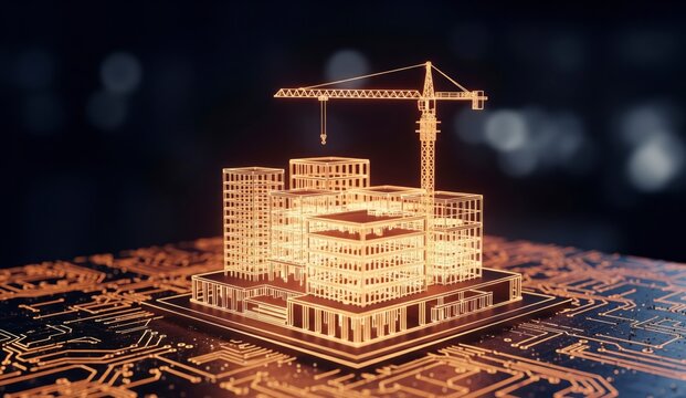 Building Information Modeling (BIM) concept. A glowing hologram of a building under construction on a CPU, symbolizing smart construction and digital architecture.