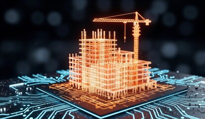 Building Information Modeling (BIM) concept. A glowing hologram of a building under construction on a CPU, symbolizing smart construction and digital architecture.

