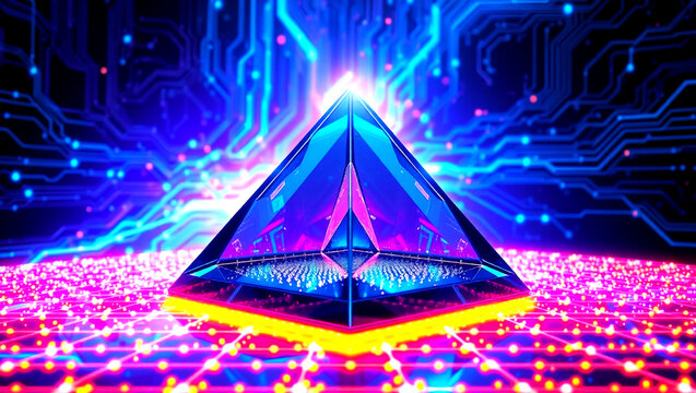 Futuristic glass pyramid floating on digital grid glowing reflections cyber technology abstract background
