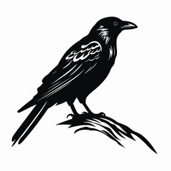Fototapeta premium Raven perched on a branch, embodying mystery, depicted as a striking silhouette