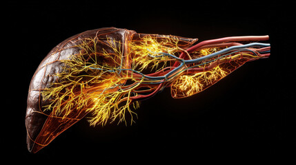 cross-section liver showing circulatory system connections high detail anatomy reference illustration concept scene visual for commercial design use high detail quality stock image illustration concep