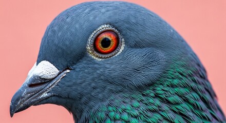 Intense Pigeon Portrait: Fiery Eye, Iridescent Feathers, and Detailed Plumage