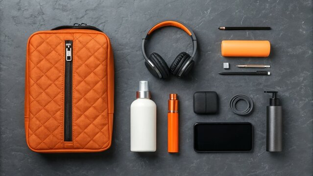 Essential travel gear and personal items neatly organized on a dark surface
