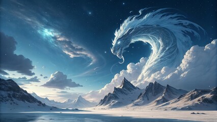 Majestic ice dragon soars through snowy mountain landscape