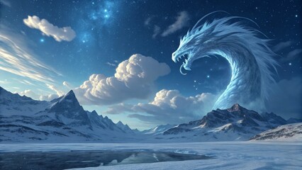 Majestic ice dragon soars above snowy mountain landscape under stars