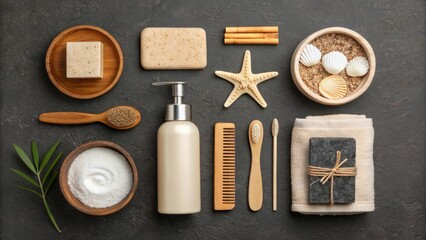 Natural spa bathroom essentials arranged on dark textured surface
