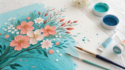 Artist painting a beautiful floral bouquet with watercolors and brushes