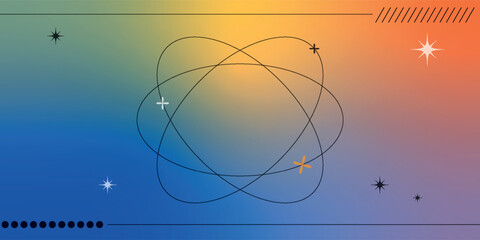 Colorful Abstract Gradient With Atomic Orbit Lines, Stars, And Minimal Geometric Elements In Blue, Green, Orange For Modern Science, Technology, And Creative Design.