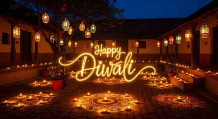 Illuminated courtyard celebrates happy diwali with lamps and diyas