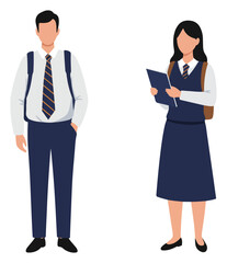 Two students, a boy and a girl, in school uniforms with backpacks, standing in a vector illustration.