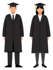 Two figures in graduation gowns, male and female, standing side-by-side, representing academic achievement.