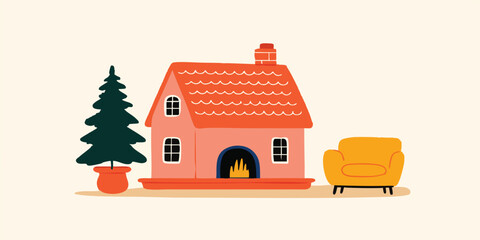 A cozy illustration of a charming cottage featuring a fireplace and a Christmas tree creating a warm inviting atmosphere.