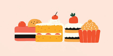 A delightful arrangement of cake slices, each adorned with unique toppings and flavors, showcasing the artistry of pastry design in a visually pleasing composition.