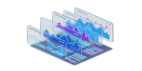 Data. Analysis. UI. A 3D futuristic user interface with multiple layers of data charts and graphs, a concept for business analytics, a financial dashboard, or a modern tech presentation.
