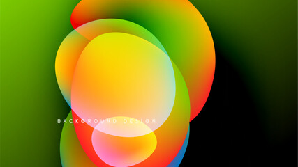 Abstract colorful shapes overlap, creating vibrant gradients. Background is dark, emphasizing bright hues. Modern design element.