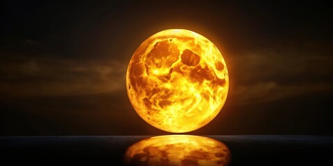 A vibrant full yellow moon illuminates the dark canvas of a black sky