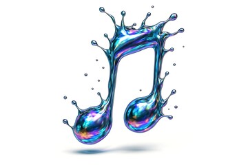 Music. Abstract. Dynamic. A 3D illustration of a double musical note made of splashing iridescent liquid for a music app, a concert poster, or a creative audio-themed brand logo.