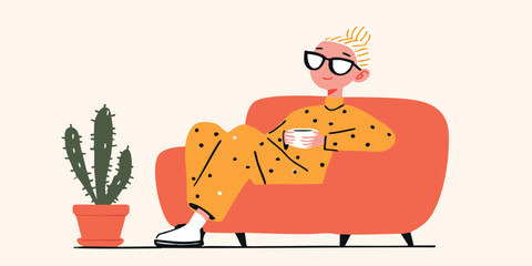 A relaxed individual enjoying a warm beverage, the indoor setting. Cozy scene featuring a person unwinding with a mug.