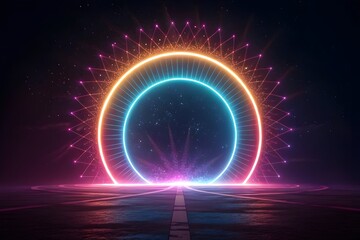 Vibrant neon portal with abstract geometric patterns and glowing lights