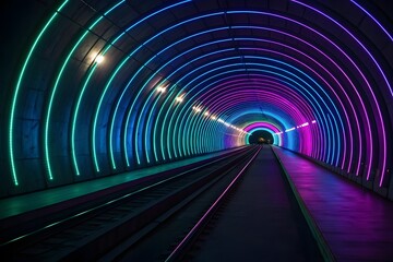 Vibrant tunnel with colorful led lights and train tracks