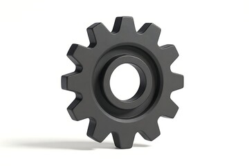 Gear. Settings. Icon. A 3D render of a single black industrial gear or cog, a minimalist icon for settings, options, system processes, engineering, or mechanical concepts.