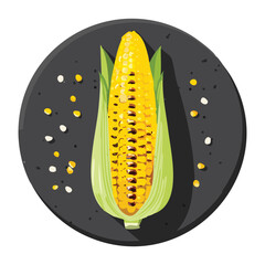 A single grilled corn on the cob with a sprinkle of seasoning on a dark plate - Vector Illustration

