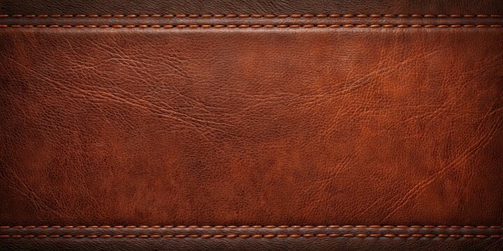 Dark cognac leather background with visible seams and a subtle texture