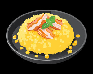 A creamy bowl of golden corn risotto topped with fresh beef and herbs - Vector Illustration

