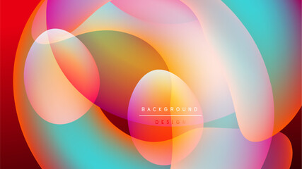 Abstract colorful shapes overlap, creating vibrant gradients. Design features soft edges, dynamic composition, black background.