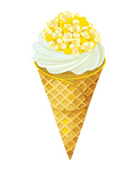 A delicious scoop of ice cream on a classic waffle cone with pieces of sweet fresh corn - Vector Illustration

