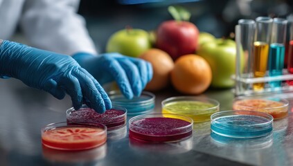 Scientist examining petri dishes of fruit samples