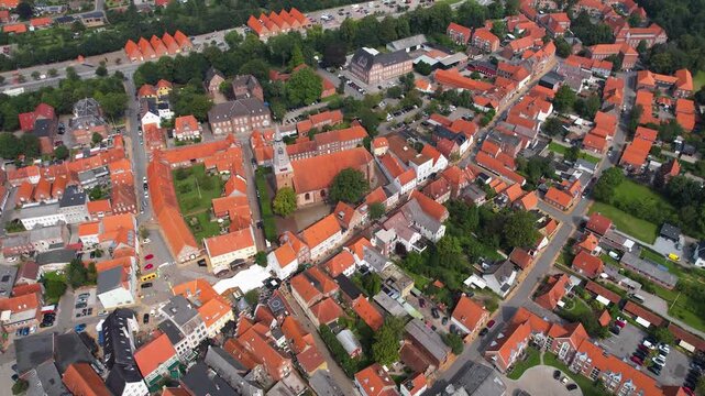Aerial panorama of the downtown of the city Tonder in Denmark on a sunny summer day.