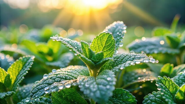 fresh mint leaves covered in dewdrops gently glisten on a green grassy field at dawn