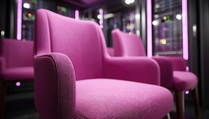 Pink chairs in a dark, tech-filled room
