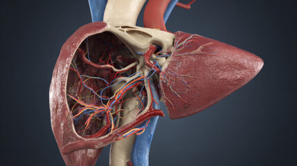 cross-section liver showing circulatory system connections high detail anatomy reference illustration concept scene visual for commercial design use high detail quality stock image illustration concep