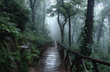 A wet wooden walkway in a foggy forest. Perfect for nature retreat ads, hiking blogs, or tranquil landscape visuals.
