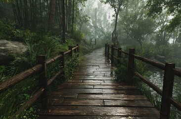 Fototapeta premium A wet wooden walkway in a foggy forest. Perfect for nature retreat ads, hiking blogs, or tranquil landscape visuals. 