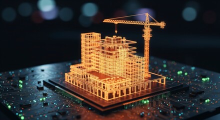Building Information Modeling (BIM) concept. A glowing hologram of a building under construction on a CPU, symbolizing smart construction and digital architecture.

