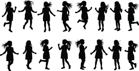 Children silhouettes collection, little girls playing vector set, childhood activity icons, running and walking design, playful kids illustration, black lifestyle shapes, youth figures