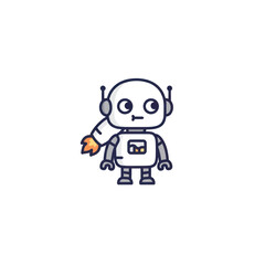 Fototapeta premium Cute white cartoon robot character with a firing rocket arm booster and large expressive eyes.