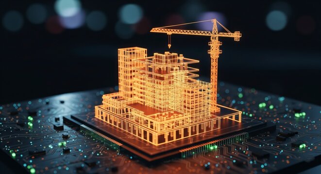 Building Information Modeling (BIM) concept. A glowing hologram of a building under construction on a CPU, symbolizing smart construction and digital architecture.

